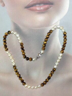 Freshwater Pearls and Tiger-Eye Gemstone Beads Necklace.